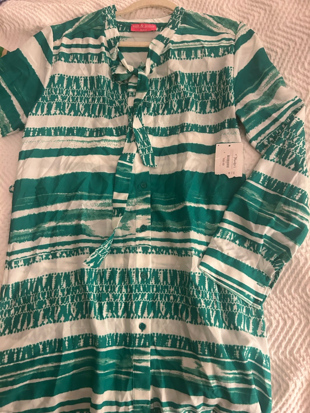 Green & White Striped Button-Front shirt dress
